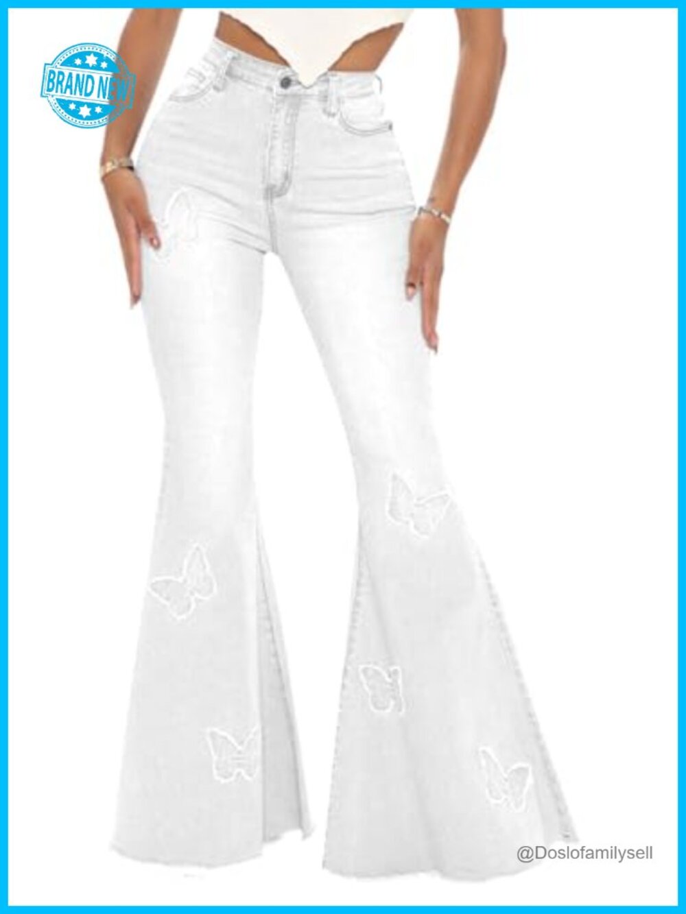Women's High Waisted Flared Bell Bottom Jeans Raw Hem Wide Leg Denim